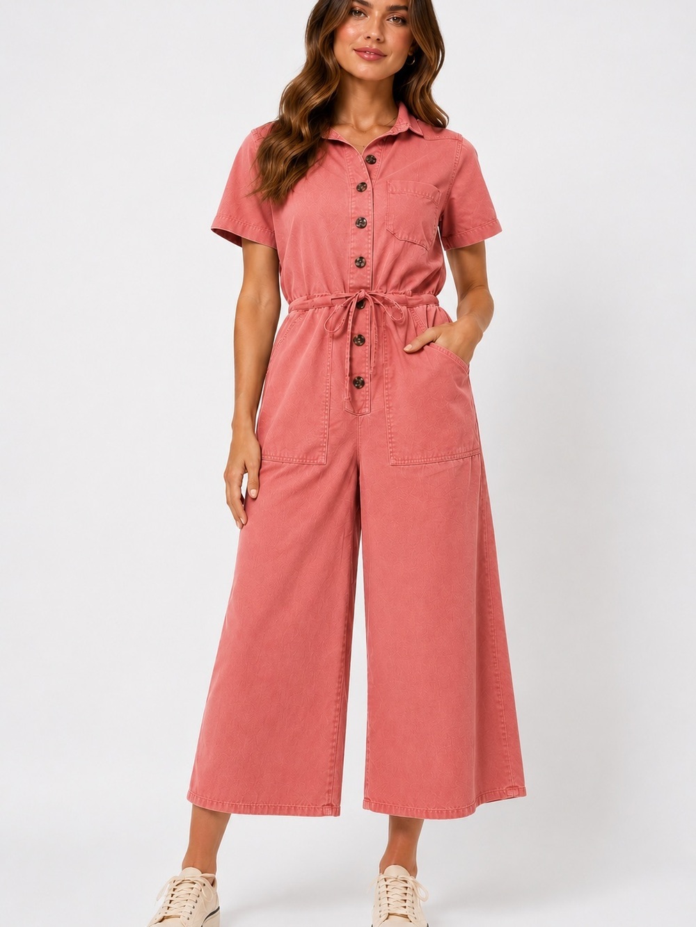 Madewell Dusty Rose Short-Sleeve Button-Front Jumpsuit